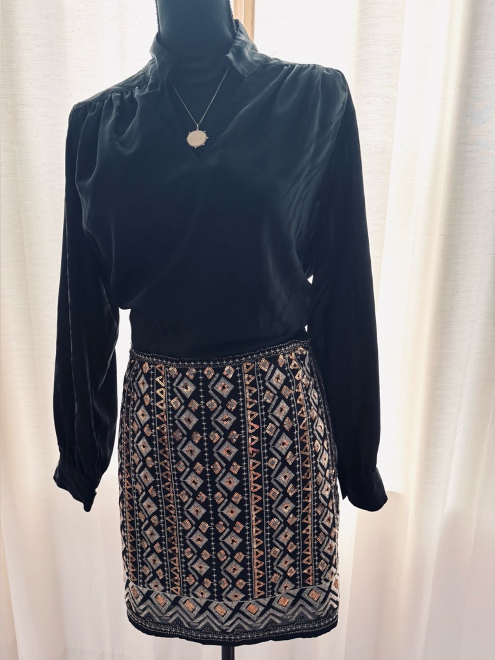 Vici Black Mini Skirt with Gold sequins, small gold beads and Grey Embroidery - Picture 9 of 9